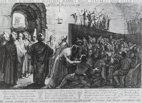 Jan Pietersz. Saenredam: Das Höhlengleichnis (1604 n. Chr.), Stich nach einem Gemälde von Cornelis Corneliszoon van Haarlem (1562-1638 n. Chr.)
